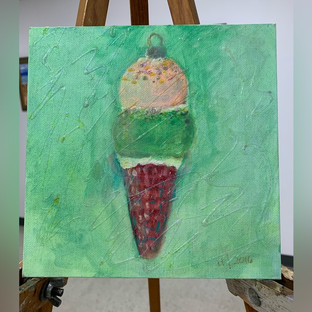 Ice cream cone ornament acrylic painting on 8” x 10” canvas board.
